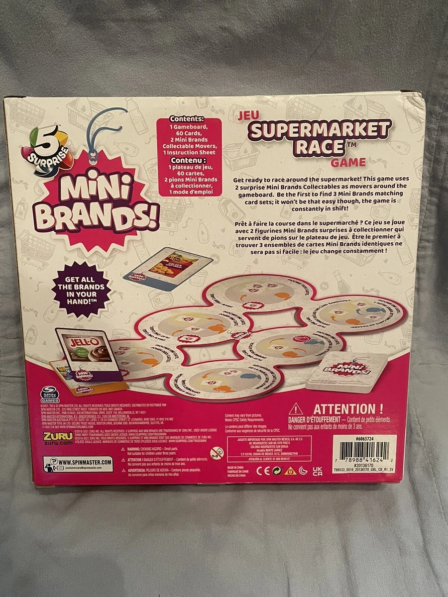 5 Surprise Mini Brands Supermarket Race Board Game by Spin Master, with 2 Collectible Movers for Kids 8 and up