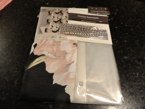 14 pc black Fabric SHOWER CURTAIN BOLD floral Flowers Pink gray white hooks Line - 第 2/4 張圖片