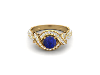 925 Sterling Silver Yellow Plated 6MM Round Lapis Solitaire Accents Women Ring