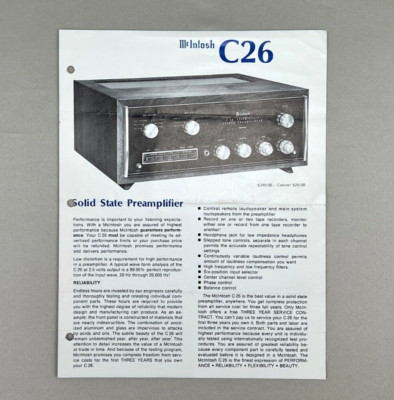 McIntosh C26 Solid State Preamplifier Dealer Spec Sheet Advertising