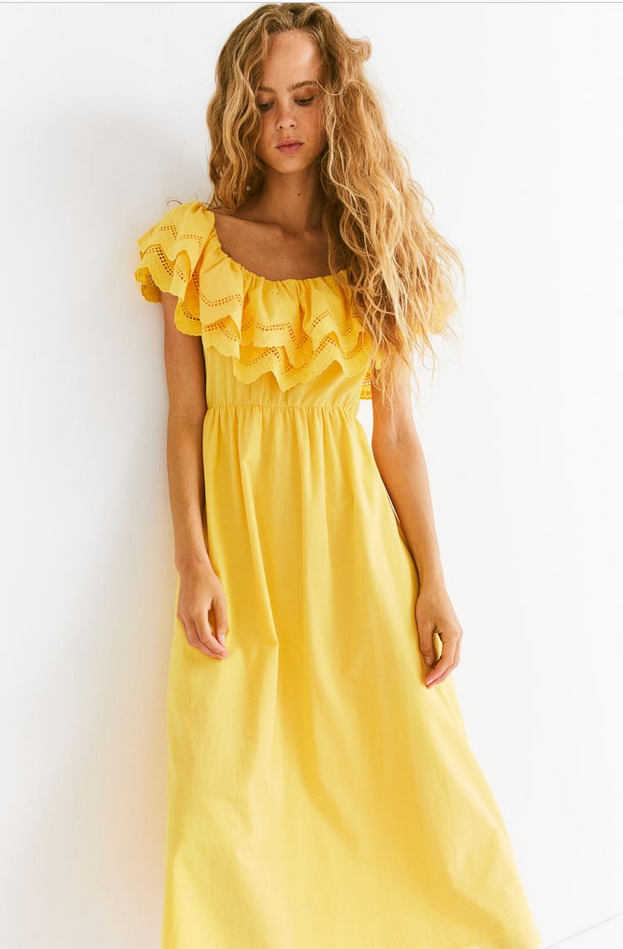 h&m off the shoulder dress Off-the-shoulder Cotton (Yellow) Features long sleeves Women's Dark brown Rib-knit off-the-shoulder