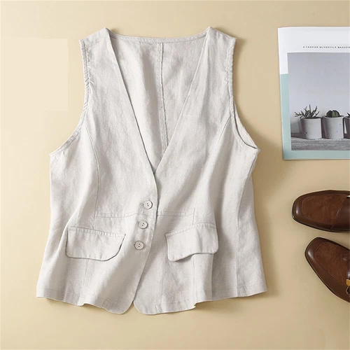 Womens Linen Blend Sleeveless Button Down Top V Neck Waistcoat Vest - Picture 4 of 24