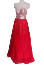HEBEOS Red Silver Embellished Strapless Diamant Tulle Train Ball Gown NEW M