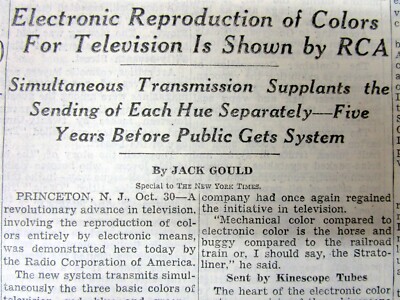 Best 1946 NY Times newspaper RCA Co announces the INVENTION of COLOR TELEVISION