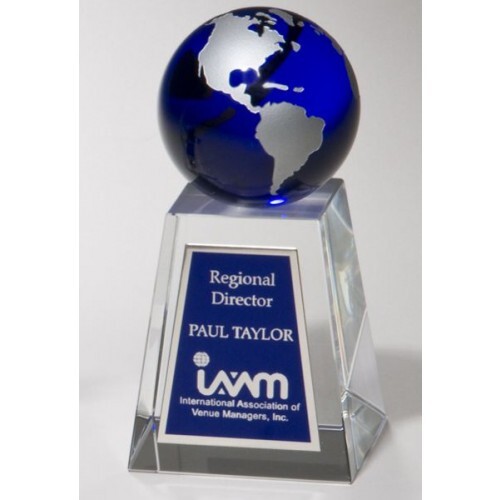 5.25" BLUE GLOBE CRYSTAL TROPHY ON A CLEAR CRYSTAL BASE WITH ENGRAVING - Picture 1 of 1