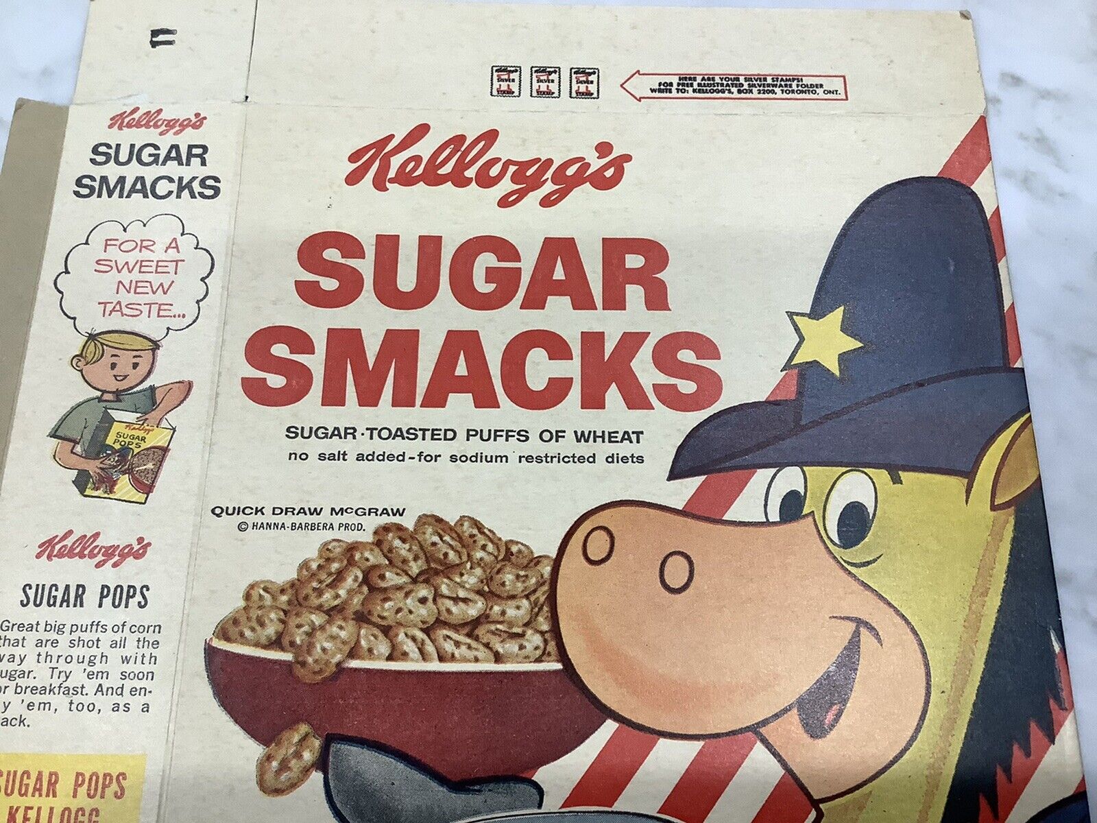 Vintage NM 60’ Kellogg's Sugar Smacks Cereal Box Quick Draw McGraw Hanna  Barbera