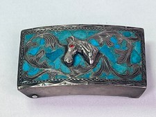 Vintage Silver Inlayed Turquoise Horse Belt Buckle Mexico