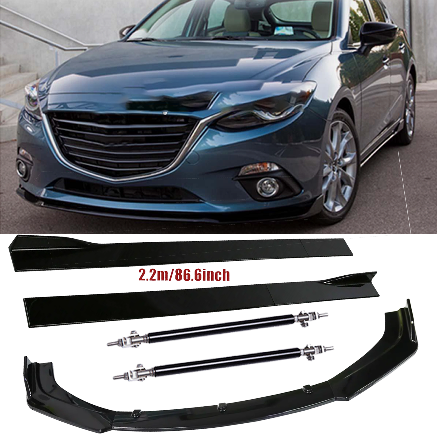 Mazda 3 2010-2022 Front Bumper Lip Splitter Spoiler Strut Rods