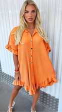 Women's Ladies Gold Button Pleated Frill Summer Shirt Swing Smock Mini Dress Top