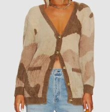 $245 SER.O.YA Women's Beige Camo "Talon" V-Neck Cardigan Sweater Size L