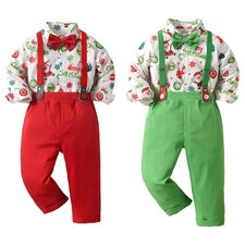 Boys Christmas Clothes Suits Toddler Shirt Bowtie Suspender Pants Outfit Sets