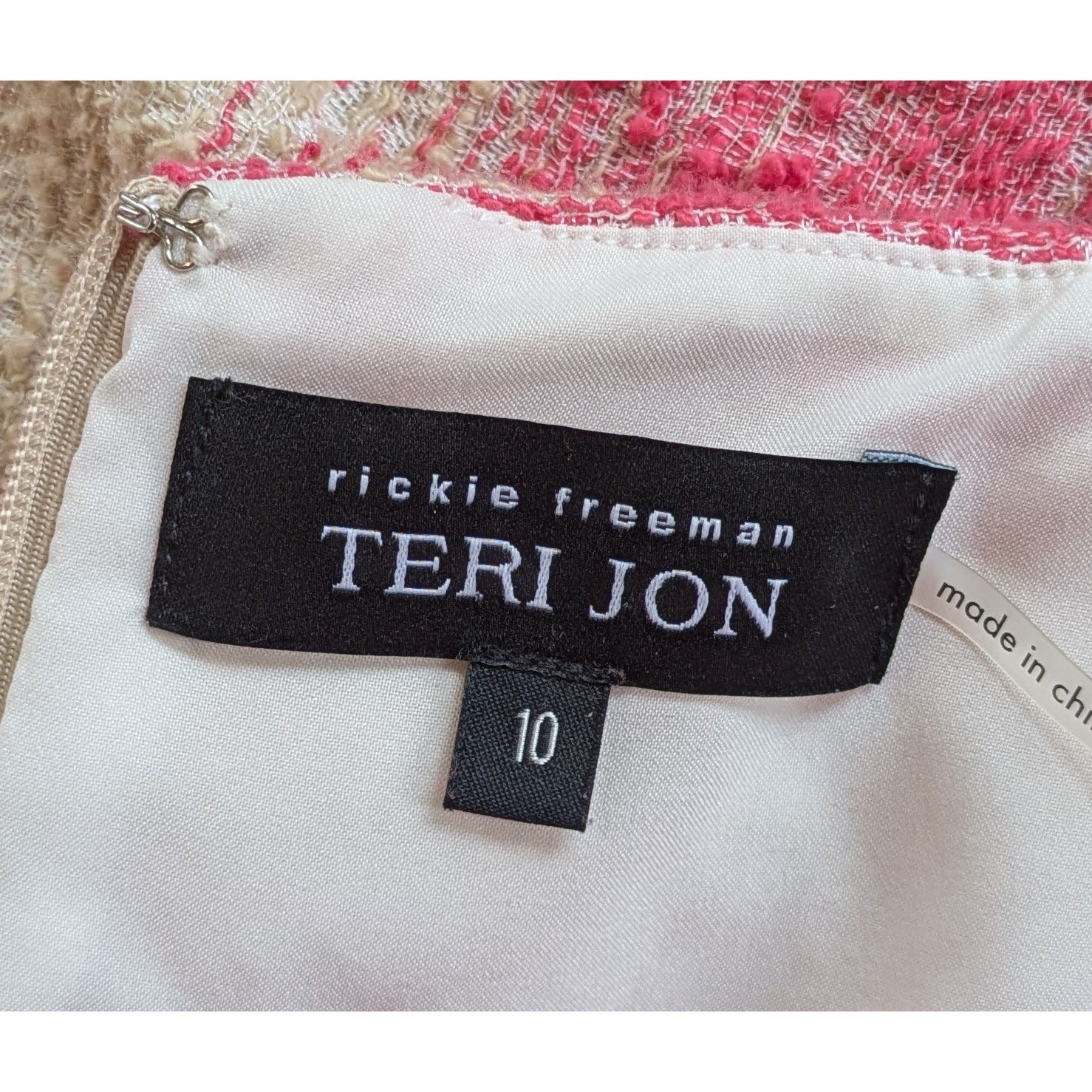 Teri Jon Rickie Freeman Sheath Dress 10 Pink Beige Stripe Texture Coastal Beachy