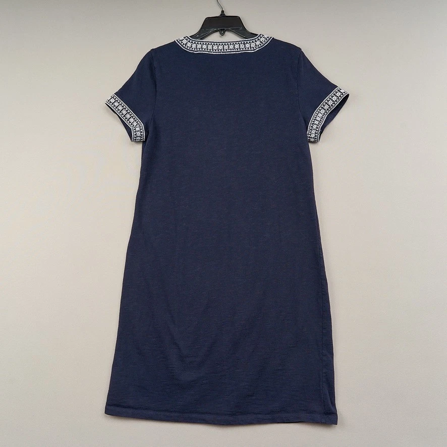 TALBOTS Shift Dress Sz L Navy Cotton Knit Preppy Nautical Embroidered Neckline - Image 3 of 4