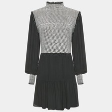 Alice Olivia Black Embroidered Detail Crepe Elvira Tiered Mini Dress M