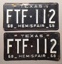 🐾 1968 TEXAS "HEMISFAIR" LICENSE PLATE PAIR (FTF-112)