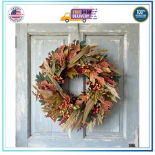 HipTree 20 Inch Fall Wreath for Front Door with Maple Leaves Berries