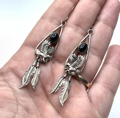 Navajo Native Sterling Silver Black Onyx Flying Eagle Feathers Hook Earrings