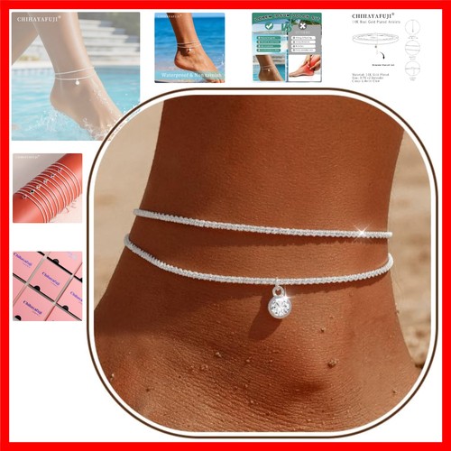 Sterling Silver Ankle Bracelets for Women 14K Gold Waterproof Layered Stackab...