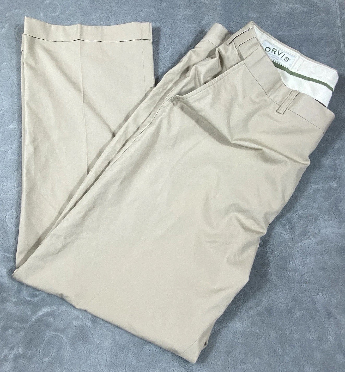 Pantalones de vestir Orvis de colección para hombre 40x30 color caqui tostado frente plano golf chino puños elásticos