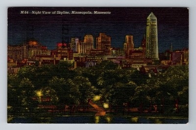 Minneapolis MN-Minnesota, Night View of Skyline, Antique Vintage Postcard