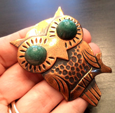 STUNNING VINTAGE ESTATE MCM GREEN EYE COPPER OWL BIRD 2 1/2