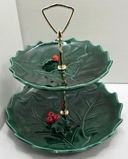 Vintage Lefton Holly Double Tiered Tidbit Server 2 Tier Serving Tray Christmas