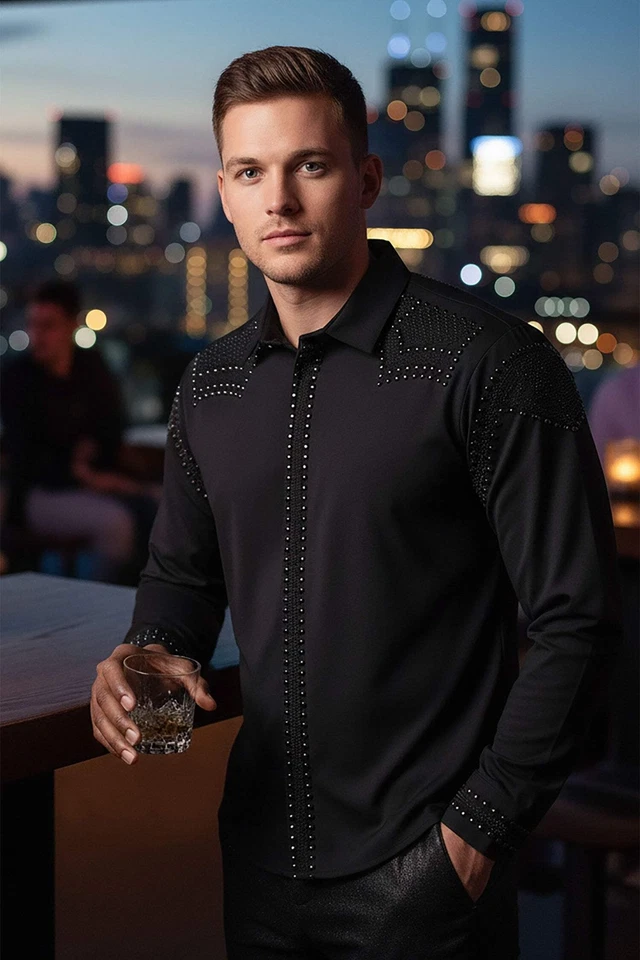 Barabas Men's Studded Premium Solid Long Sleeve  Shirts 3B24 - Image 2 of 4