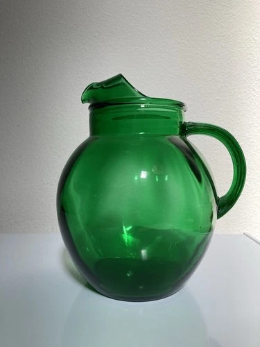Vintage emerald green glass ball pitcher Anchor Hocking Forest Green ball jug.