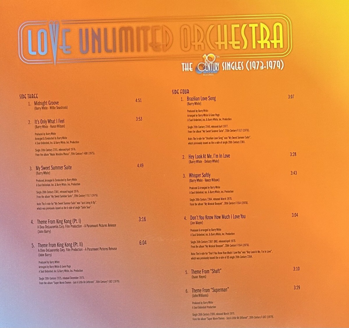 欧3LP Love Unlimited Orchestra The 20th Century Records Singles (1973-1979) 0602567411024 20th Century Records /00920 Love Unlimited Orchestra 20th Century Records Singles 3LP