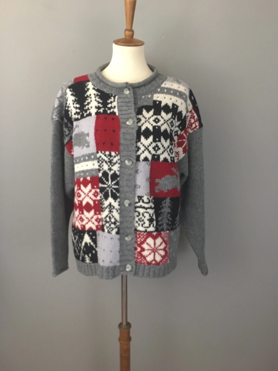Vintage Eddie Bauer Cardigan Sweater Sz L Gray Snowflake Nordic Patchwork Wool