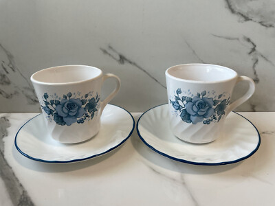 Vintage Corning Ware Corelle Cups Saucers Blue Velvet Floral
