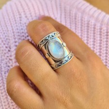 Solid 925 Silver Rainbow Moonstone Ring Handmade Jewelry Boho Ring All Size SR27