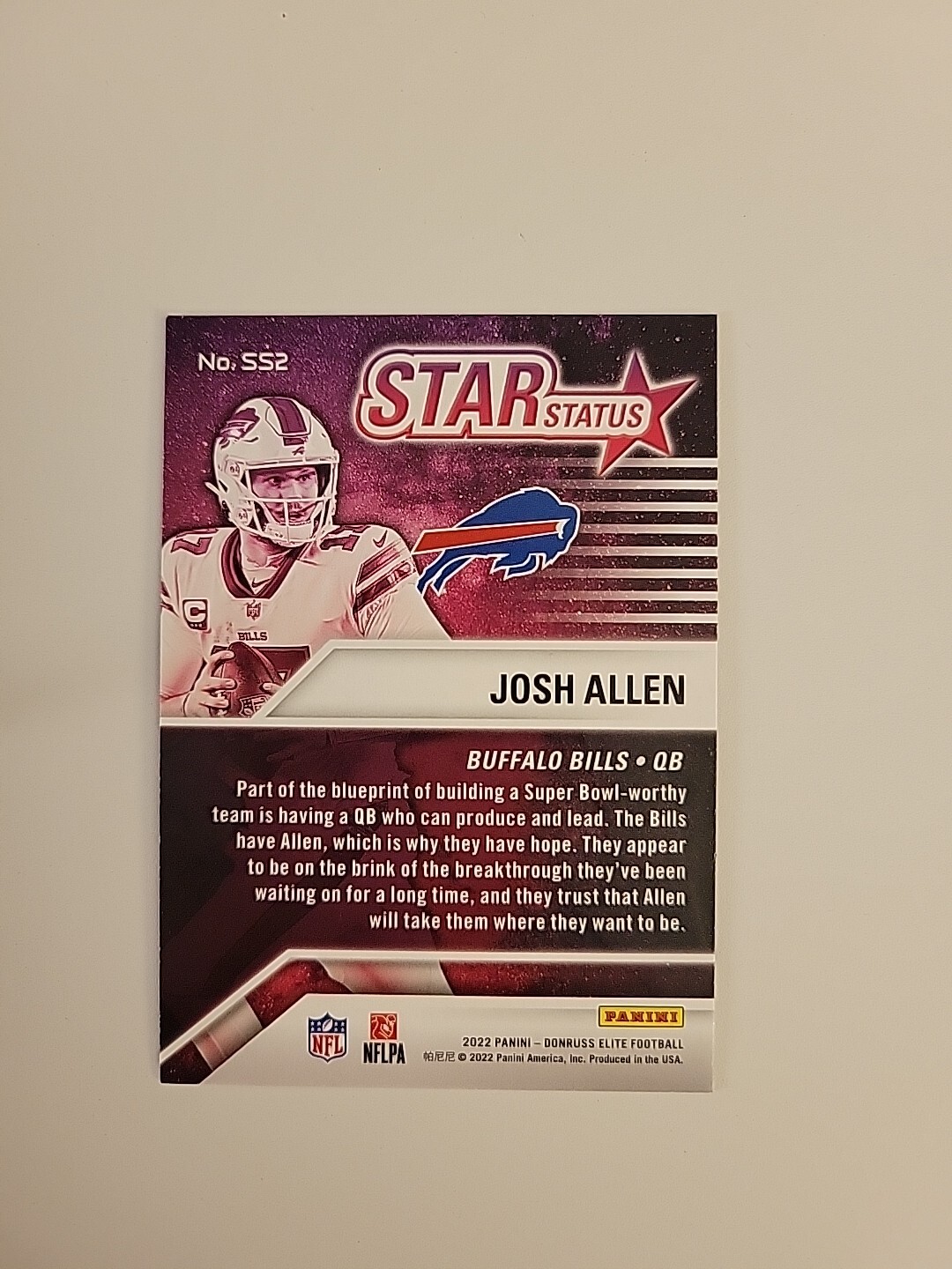 Josh Allen 2022 Donruss Elite Star Status Green/Pink Card No. SS2 Buffalo Bills