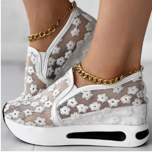 Women's Sneakers Floral Embroidery Mesh Sneakers Slip On Casual Comfy Heeled - Picture 48 of 53