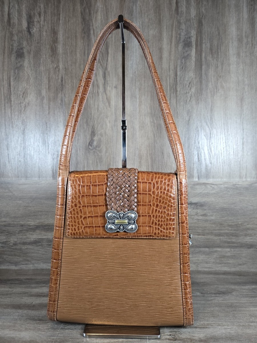 Madison Brown Leather Crocodile Braided Strap Flap Closure Shoulder Bag  Purse