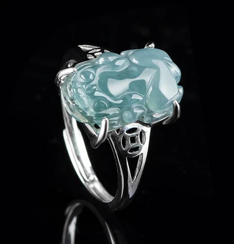 Certified Green Natural A Jade jadeite PiXiu Sterling 925 Silver Man Woman Ring - Picture 8 of 21