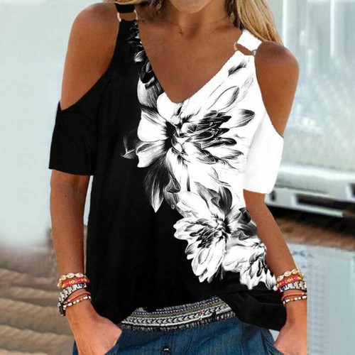Women Summer Floral V Neck Blouse Tops Casual Cold Shoulder Short Sleeve T- Shirt | eBay