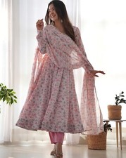 Heavy Orange Chiffon Floral Print Anarkali Suit, Padded, Stitched, Ready To Wear