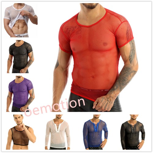 US Men Long Sleeve Mesh See through Top 