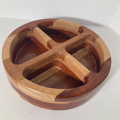 Handcrafted Round Divided Wooden Bowl Tray Signed Hershel Howard 3 x 12''