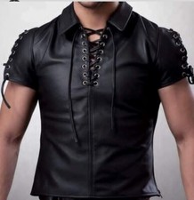 Men's Real Leather Short Sleeve Laces Up Closure Shirt Available in 8 Colors