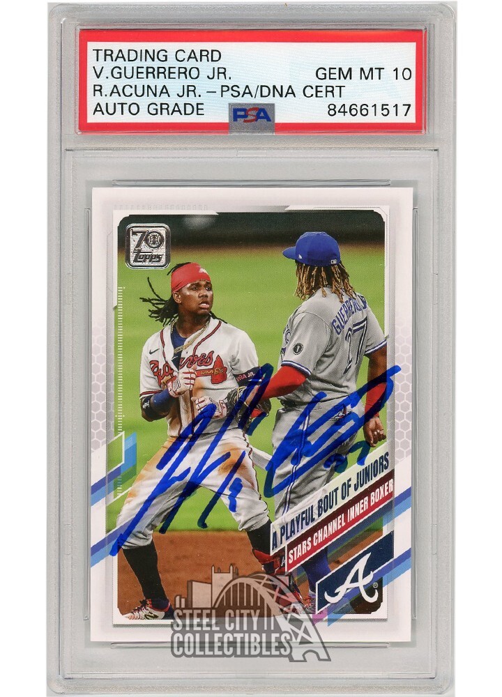 Ronald Acuna Vladimir Guerrero Jr 2021 Topps Auto Card Jsy # 61 - PSA/DNA 10