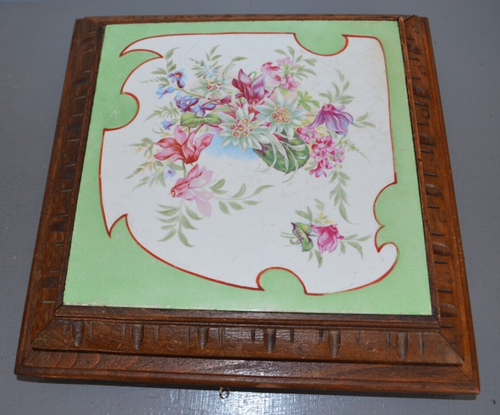 Ancien Dessous De Plat Musical - Faïence Et Bois - Années 1920-1940 - Décor Fleur