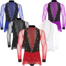 Men Jumpsuit Patchwork Bodysuit Long Sleeve Leotard Exercise Ballroom Pageant