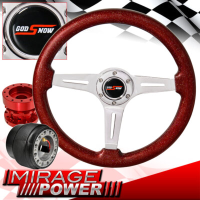 For 89-05 Eclipse Red Hub Extender + Metallic Red Wood Godsnow Steering Wheel