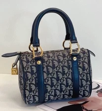 Christian Dior Boston Mini Vintage Top Handle Bag Blue Gold Women Classic