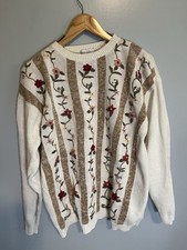 Milano Design Group White Pullover Vintage Sweater Floral Embroidered Beaded