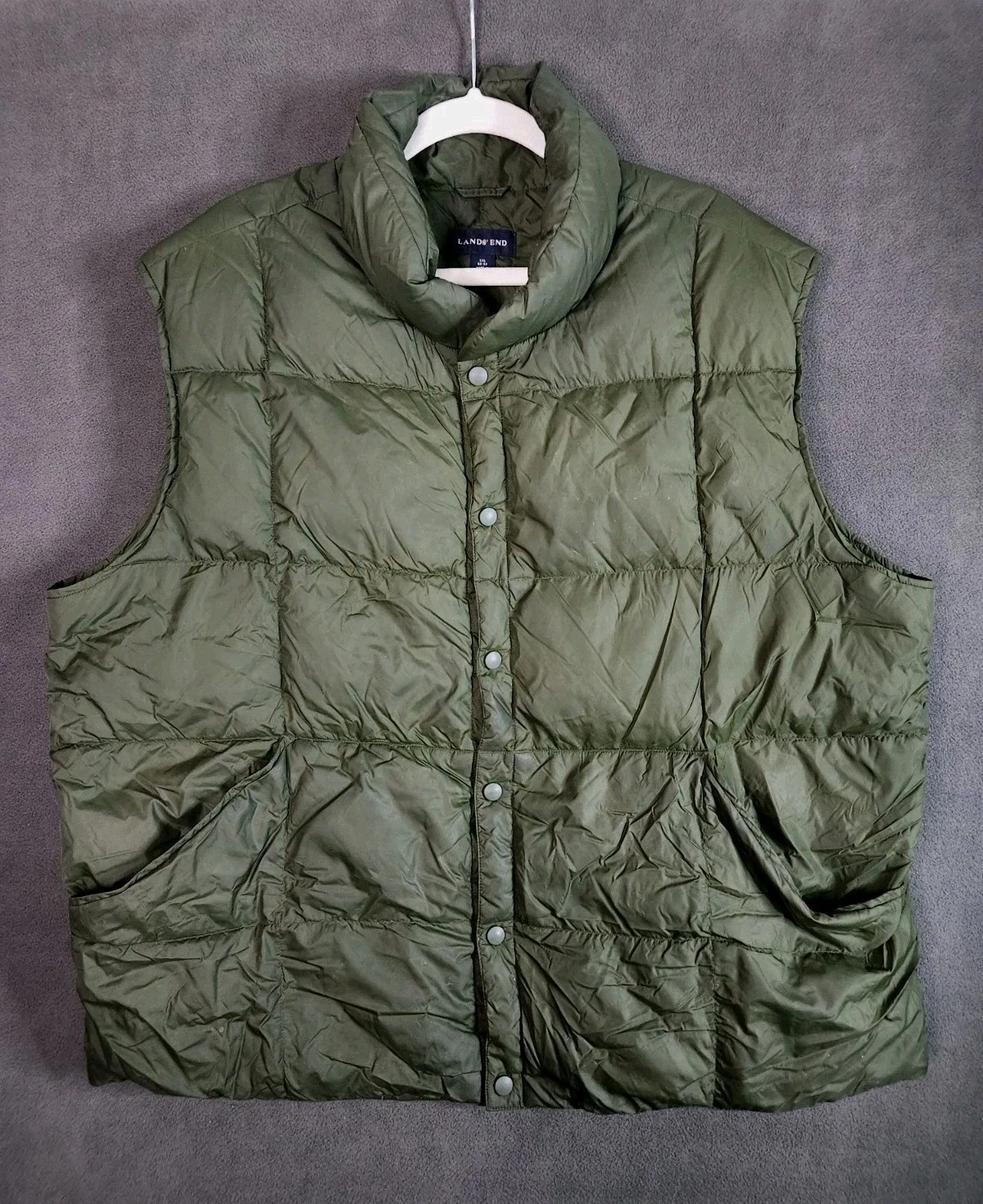 Lands End Vest Mens Size XXL Green Down Puffer Vest Full Snap Insulated Outdoor