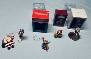 VTG 5 Christmas Ornament : 2 Santa’s, Barbie, Bear/Bunny, Blue & Red Birds/Cello