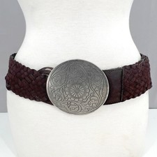 Womens Wide Braided Faux Suede Belt Brown Medallion Buckle Coastal Cowgirl Boho